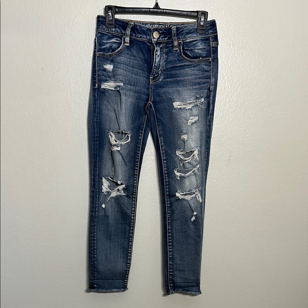 American Eagle Blue Ankle Cropped Jeans with Distressing